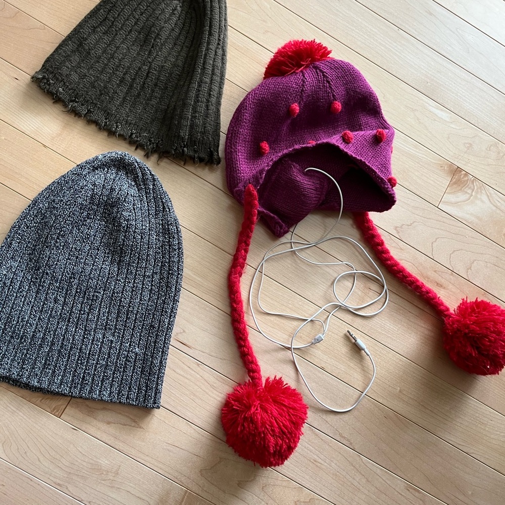 Knit Hats set: Magenta Pink (BCBG) with earphones, gray UNIQLO hat and edgy hat